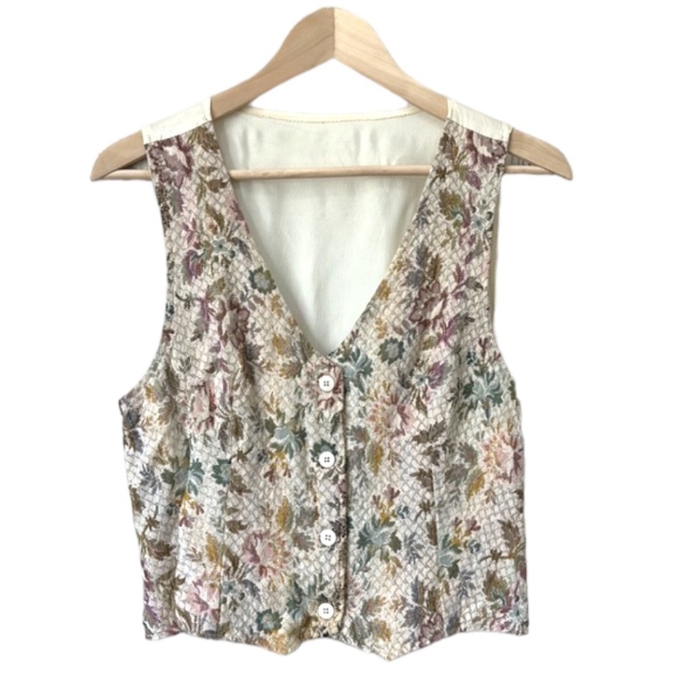 Star City Floral Textured Vest in Cream, Pink, Green, Gold